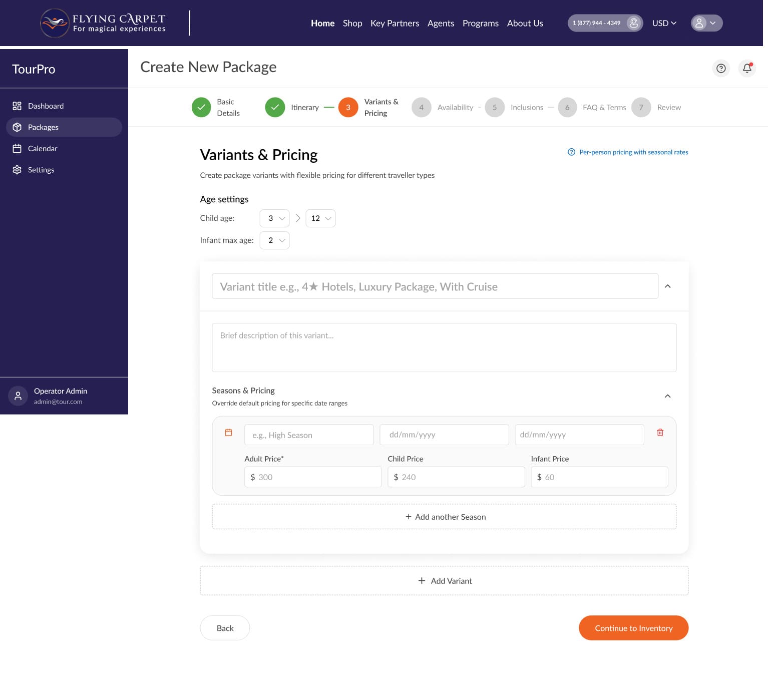 Variants and Pricing form
