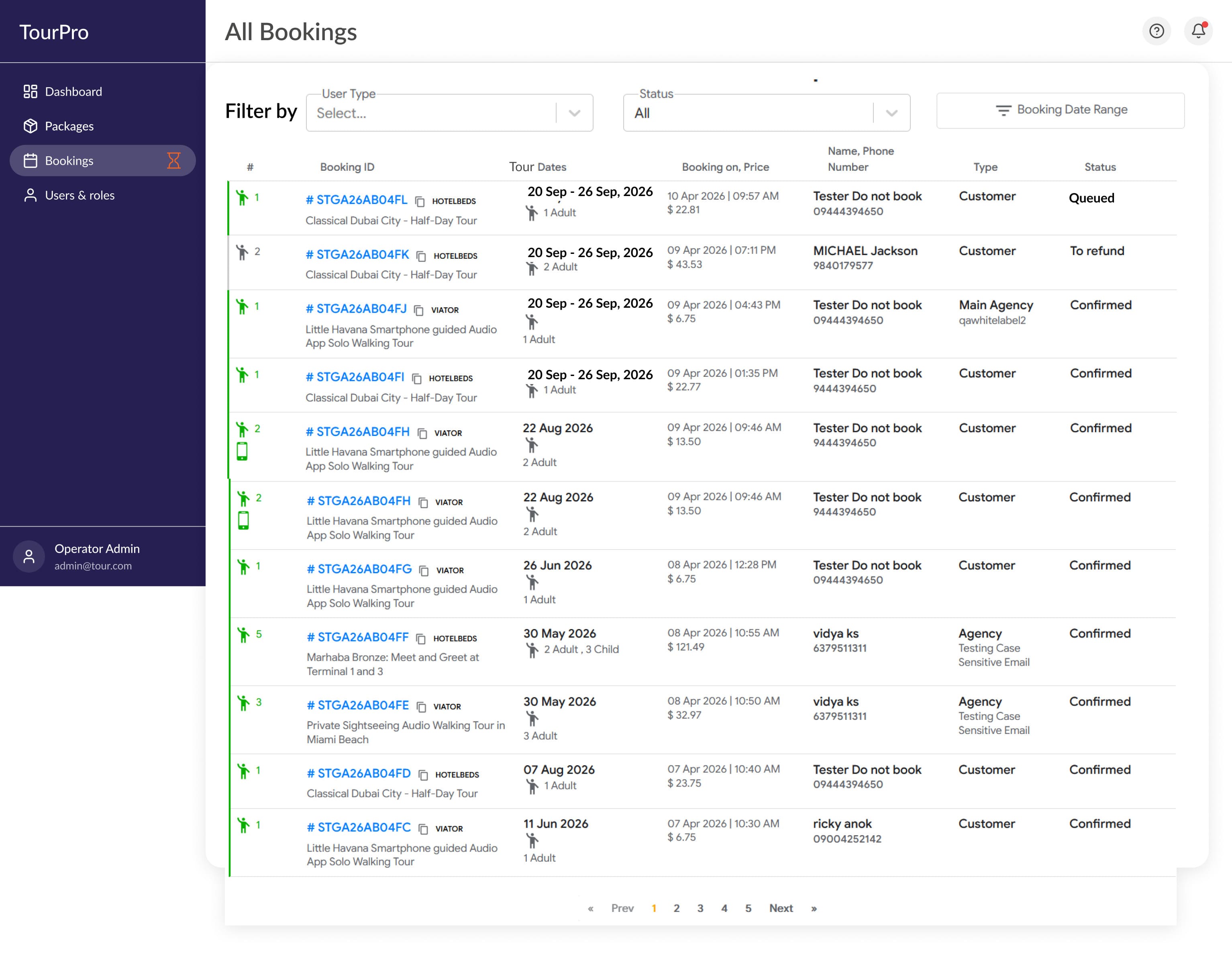 All Bookings screen