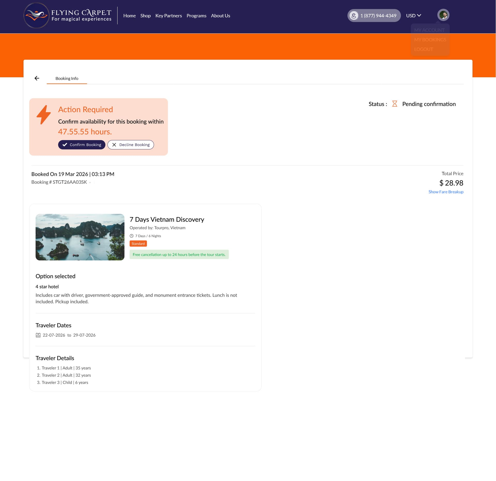 Booking detail with Action Required banner